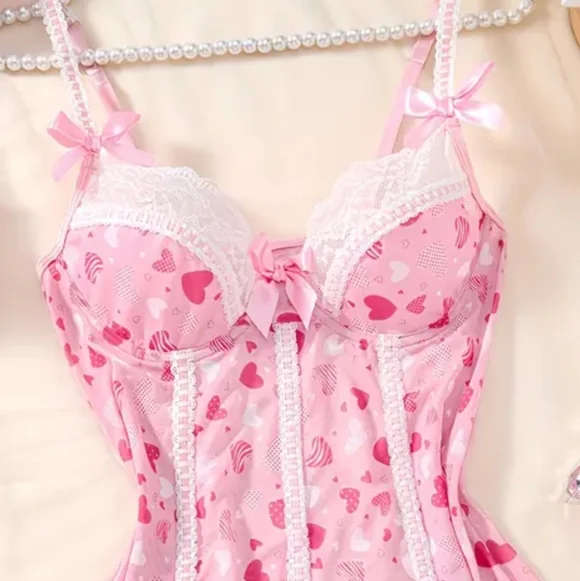 2pc Semi-Sheer Mesh Multi Pink Heart Patterned Chemise-G-string Lingerie Set (M) - Picture 10 of 10